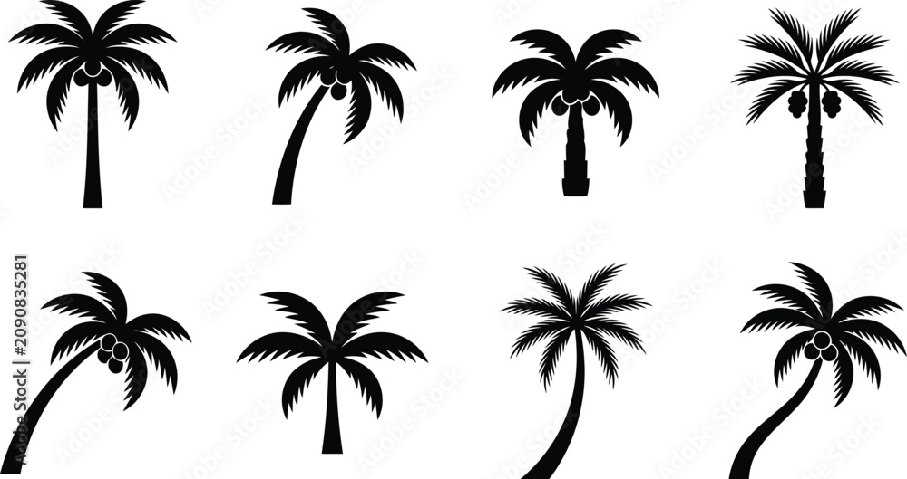 Fototapeta premium Tropical Palm Tree Silhouette Set Vector Illustration
