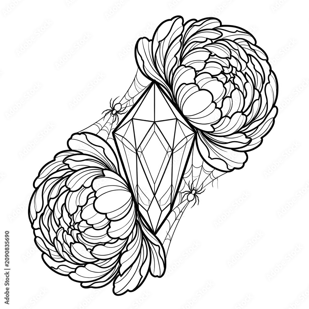 Fototapeta premium Crystal Point with Chrysanthemum Flowers and Spider Web Coloring Page Line Art