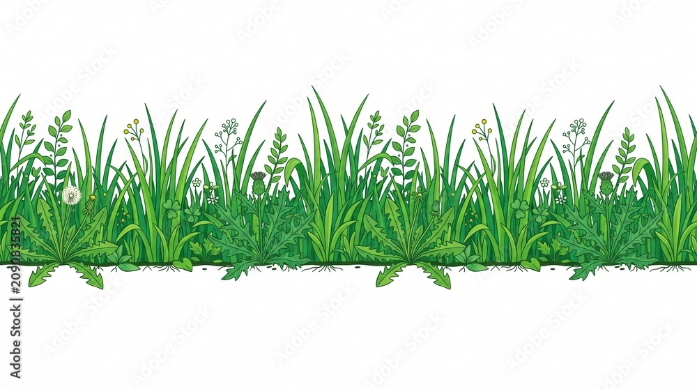 Fototapeta premium Seamless Horizontal Green Grass Lawn Border with Wildflowers and Dandelion Vector Illustration