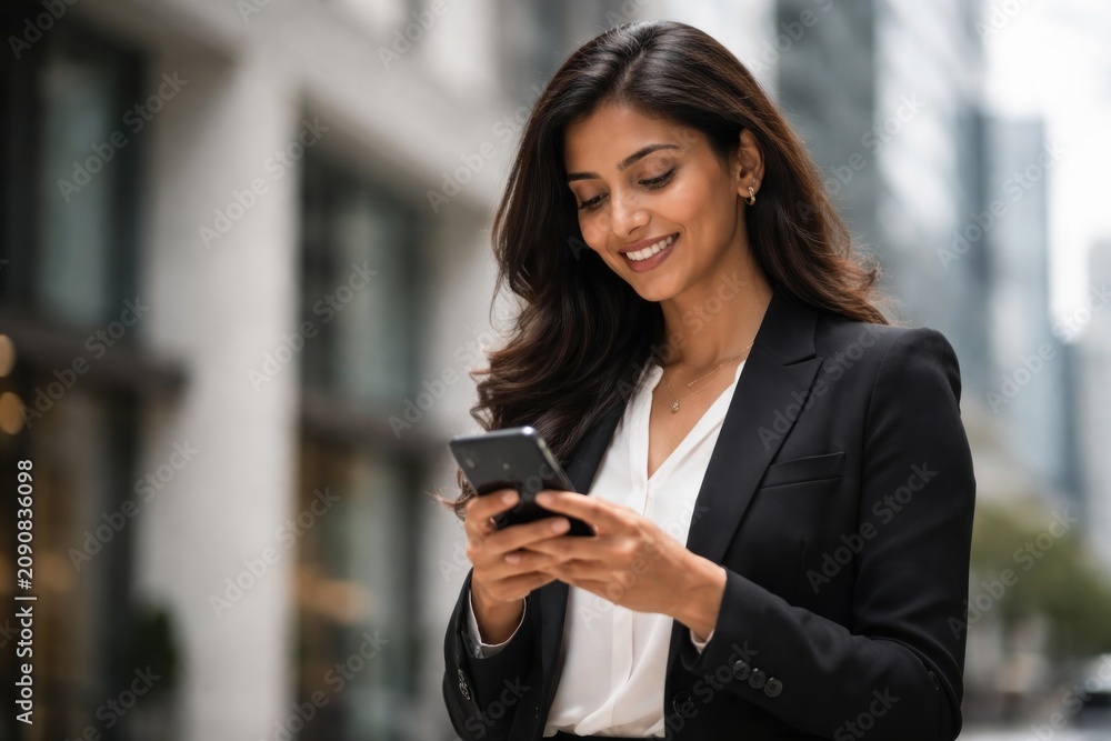 Obraz premium Confident professional using smartphone outdoors.