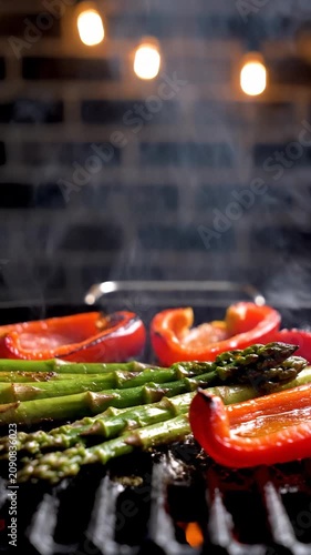 Grilled vegetables sizzling on a barbecue with asparagus peppers