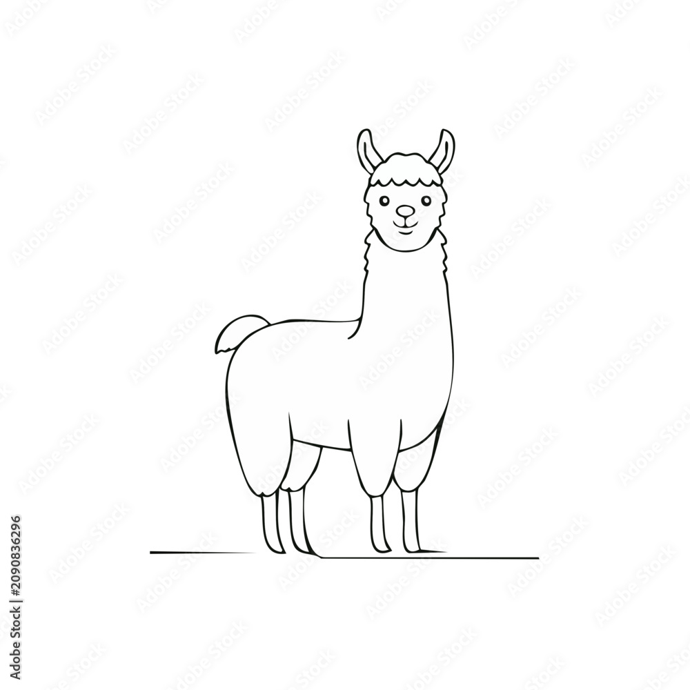 Fototapeta premium Cute cartoon llama line drawing illustration on plain background