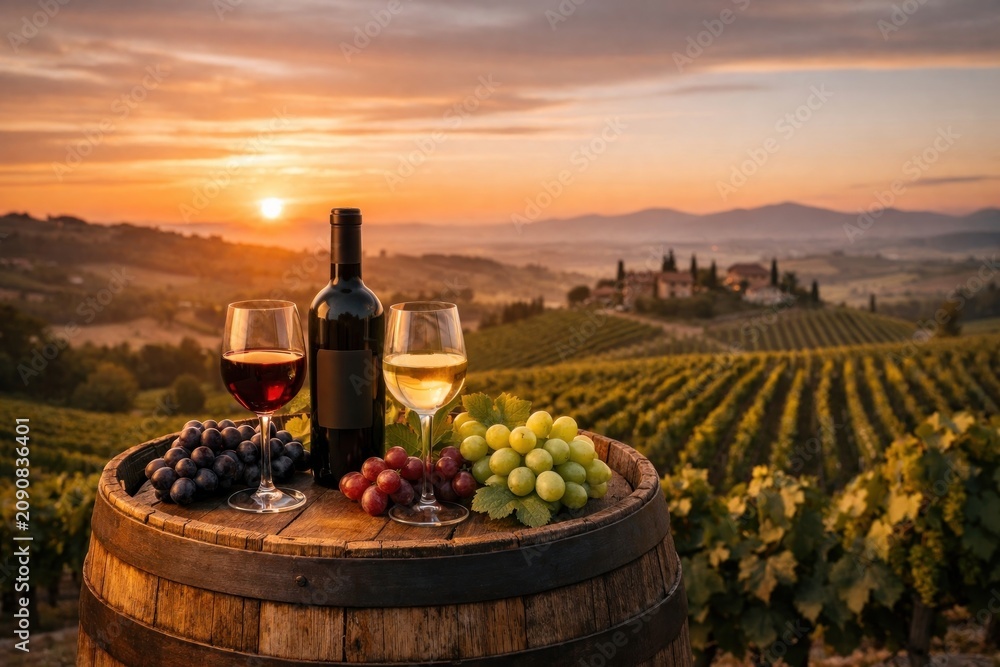 Fototapeta premium Wine and grapes on a barrel overlooking a vineyard at sunset.