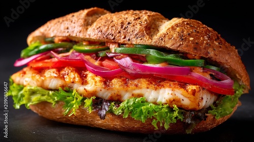 Hearty grilled chicken sub sandwich with seeded baguette, green peppers, red onion, and fresh lettuce