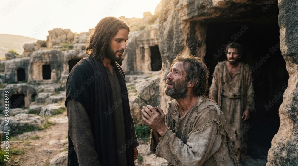 Obraz premium Jesus Christ with a staff interacting with a distressed man kneeling in front of a rock formation with caves. Possessed by demons at the cave
