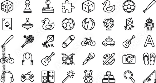 Leisure hobbies toys and sports vector icon set featuring gaming controllers board games musical instruments and outdoor activities