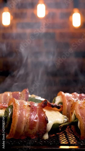 Bacon wrapped jalapeno poppers sizzle on a grill in a restaurant.