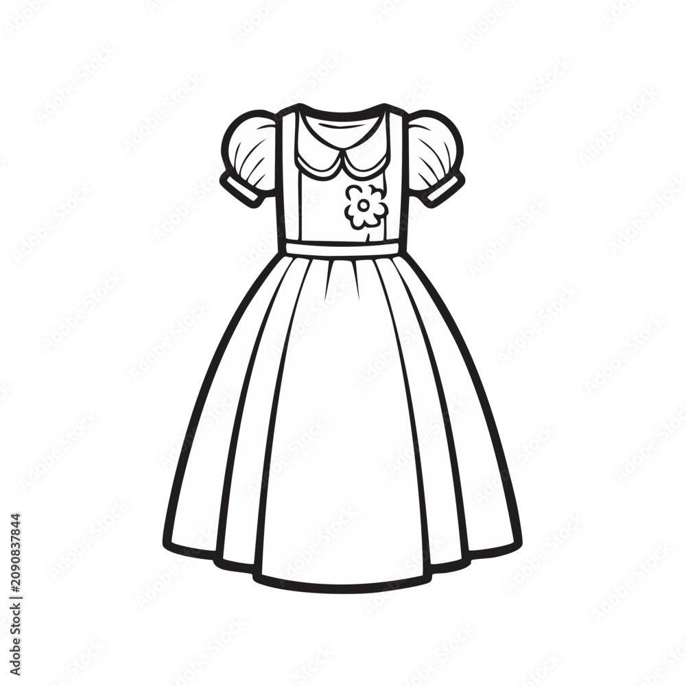 Fototapeta premium Simple outline drawing of a girl's party dress with puffed sleeves and a floral accent