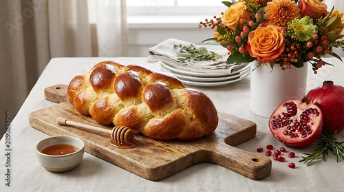 Traditional braided challah bread on wooden board with honey and pomegranate