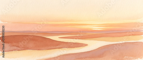 Watercolor landscape painting depicting rolling hills and a winding river under warm sunset sky, abstract art style.