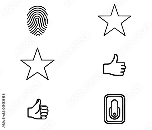 Hand-traced vector icon set of toggle switch, fingerprint, stars and thumbs up, minimalist black outline UI collection for settings, security, ratings, favorites, approval and feedback graphics