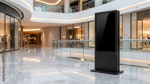 Blank digital kiosk mockup in a modern luxury shopping mall interior