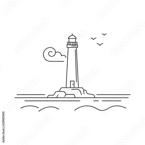 Lighthouse And Birds Line Drawing With Waves Minimalist Coastal Scene