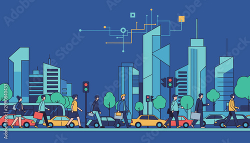 Urban citizens commuting on a city street at night with cars, modern skyscrapers, and digital network lines in sky.