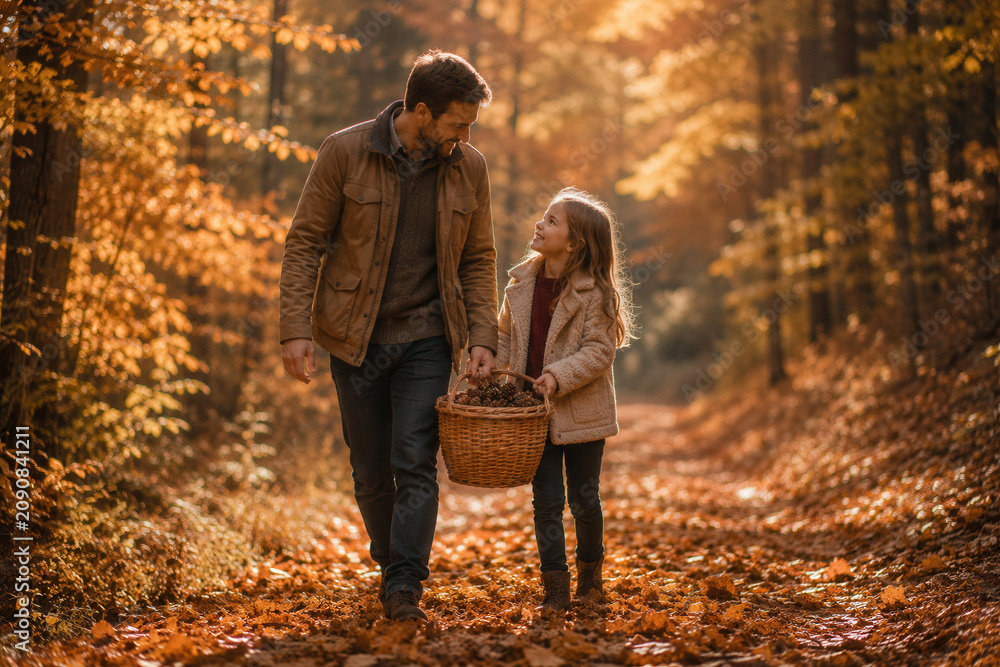 Fototapeta premium Golden autumn leaves carpet the forest path