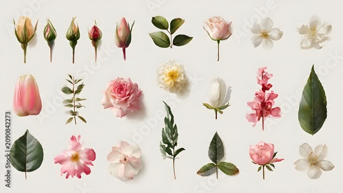 Colorful Garden Flowers Arranged in Rows on White Background