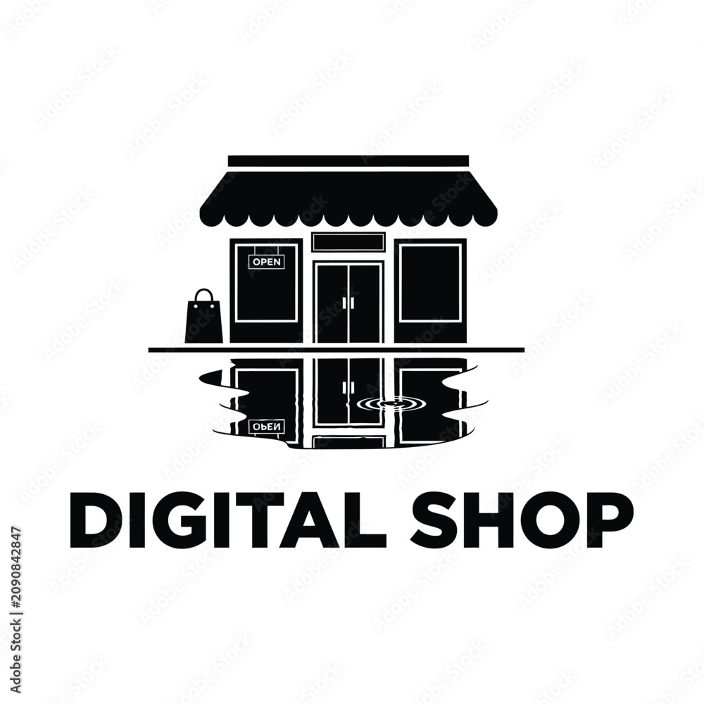 Obraz premium Shopfront silhouette with awning and reflection on white background storefront