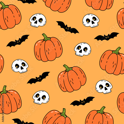 Cute Halloween pattern with pumpkins, bats and skulls on an orange background. Hand drawn vector illustration for seasonal packaging, textiles, party decor.