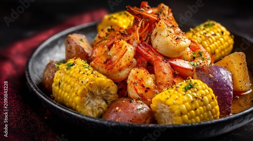 Spicy seafood boil platter with seasoned shrimp corn and potatoes in a black bowl