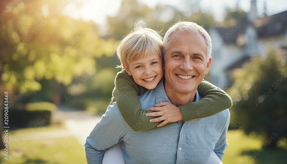 Fototapeta premium Grandfather Giving His Grandson a Piggyback Ride Outdoors