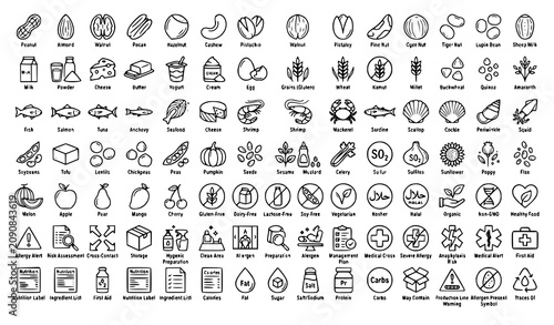 Fotografie Food allergen icons and symbols for labeling and identification