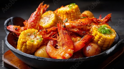 Rustic seafood boil with seasoned shrimp corn and potatoes in a black cast iron pan