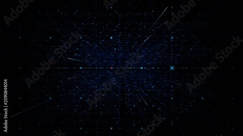 Light streaks and digital data grid moving through futuristic cyber space with neon blue glow and particles for technology background