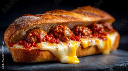 Gourmet meatball sub sandwich with melted cheese and red sauce on a dark textured surface