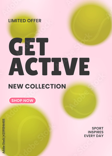Modern sports promotional banner with tennis balls and copy space. Suitable for advertising, marketing, social media, web banners and promotional design.