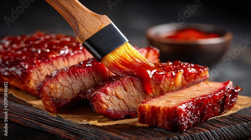 Glazed sliced smoked meat being brushed with red sauce on dark wooden serving board