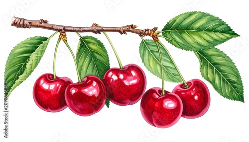 A vibrant watercolor illustration of a cherry branch. Five ripe, glossy cherries hang amidst detailed green leaves