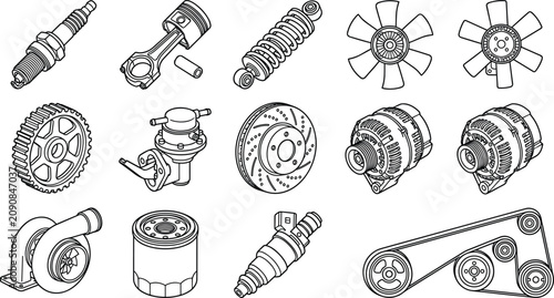 Bild auf Leinwand Automotive Engine Parts Outline Icon Collection with Spark Plug, Piston, Turboch