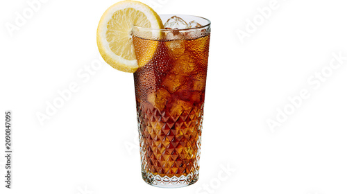 Bild auf Leinwand Tall glass of iced tea with lemon slice condensation droplets, isolated on trans