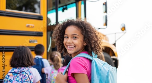 Happy girl with backpack in front of school bus
