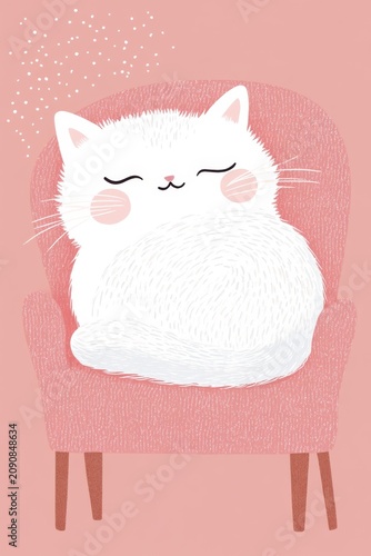 selective focus soft color flat illustration of curled cat on chair with blanket cozy atmosphere