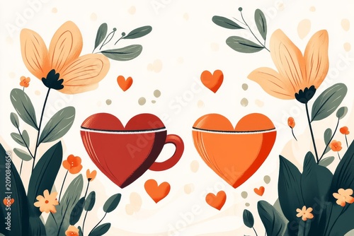 selective focus soft aesthetic composition with coffee cup hearts and floral elements