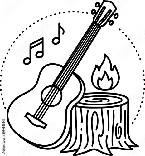 Foto Acoustic guitar and campfire icon, music and outdoor camping illustration