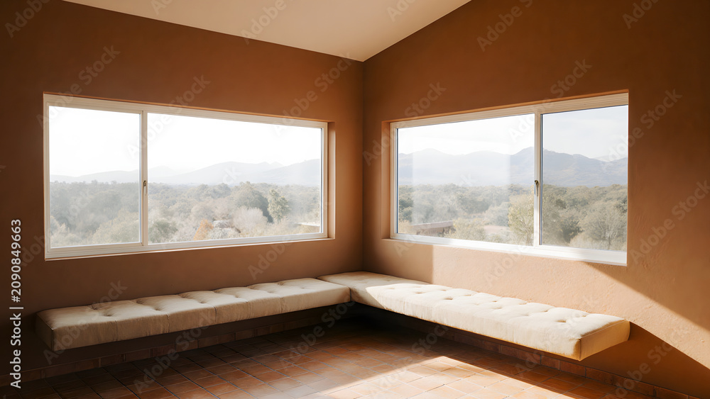 Fototapeta premium Minimalist Room with Terracotta Earthy Walls and Built-in Window Seating