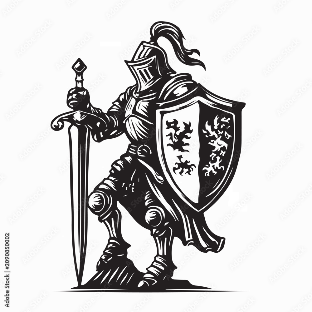 Obraz premium Knight with Sword and Shield Kingdom Logo Design Vector