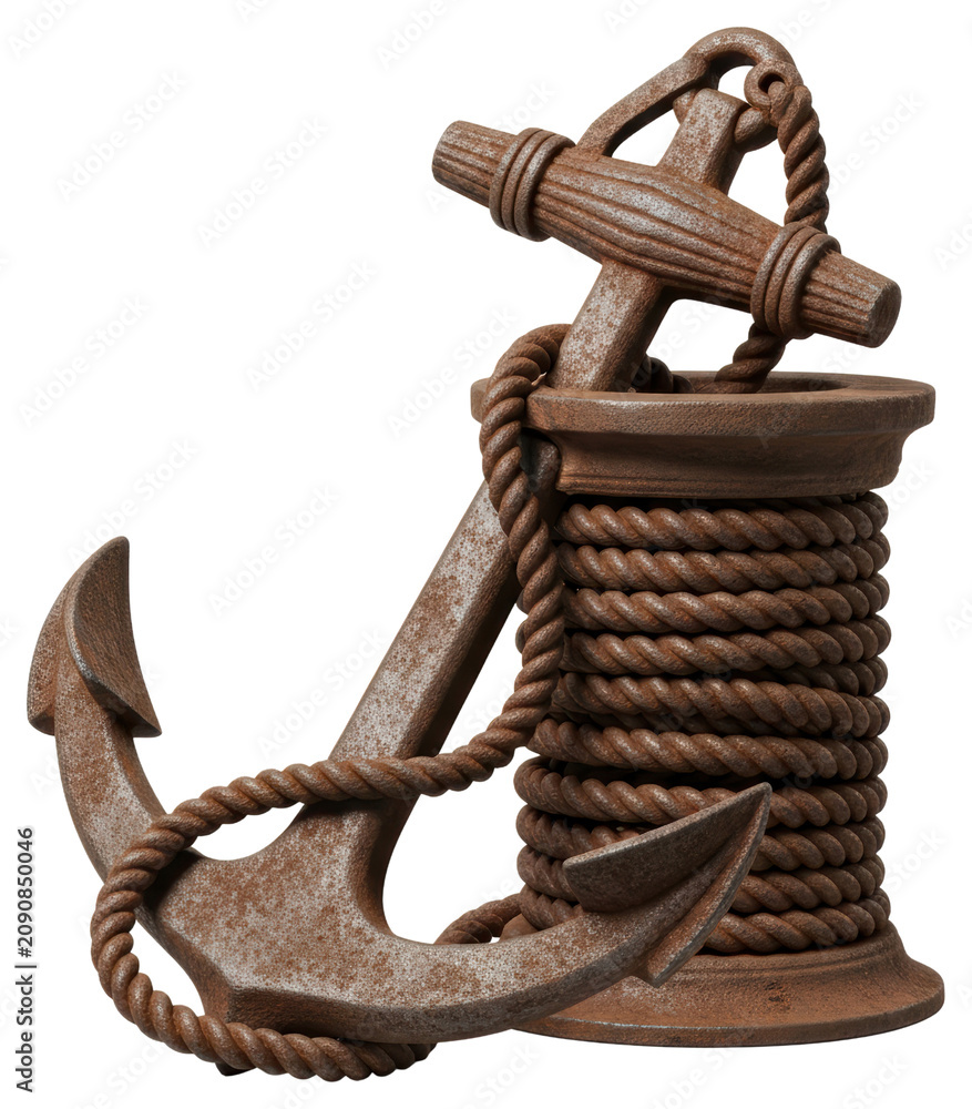 Obraz premium Vintage rusty metal ship anchor with coiled nautical rope on a transparent backdrop