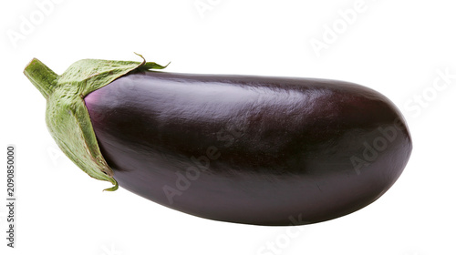 Dark purple eggplant with green stem, isolated on transparent background