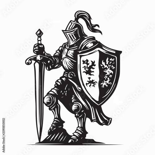 Knight with Sword and Shield Kingdom Logo Design Vector