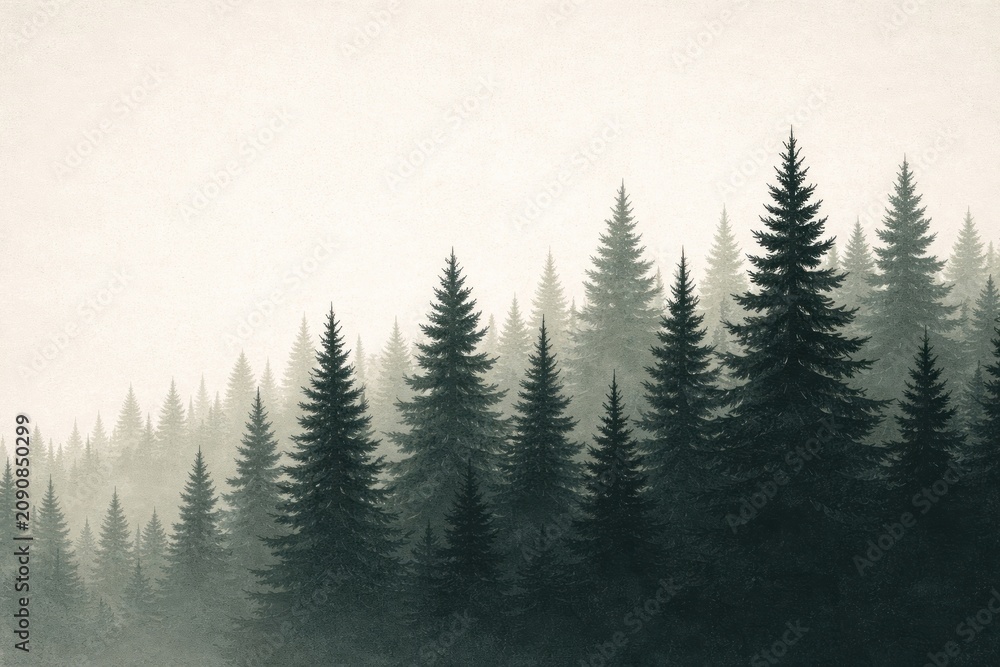 Obraz premium Misty forest with evergreen trees.