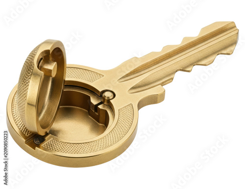 Brass house key with secret hidden storage compartment isolated transparent background