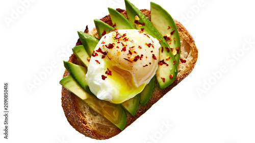Toasted artisan bread topped with sliced avocado and a perfectly poached egg, isolated on transparent background