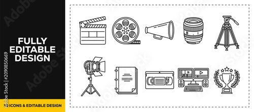 Foto flat vector illustration line art icon bundle set design depicting filmmaking in