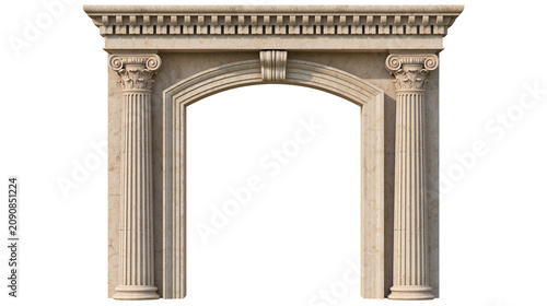 Fotografie Classical stone archway with ionic columns and ornate frieze, isolated on transp