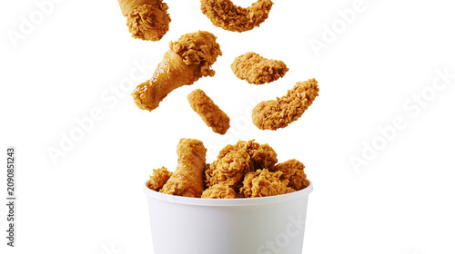 Crispy fried chicken pieces falling into a white bucket, isolated on transparent background