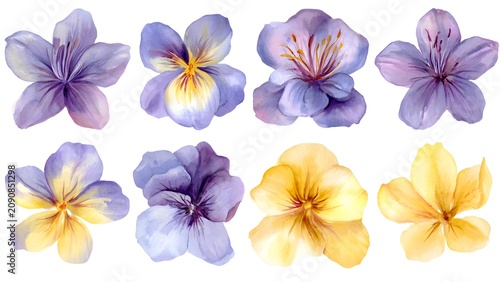 Vibrant Watercolor Violet and Yellow Flower Bloom Collection