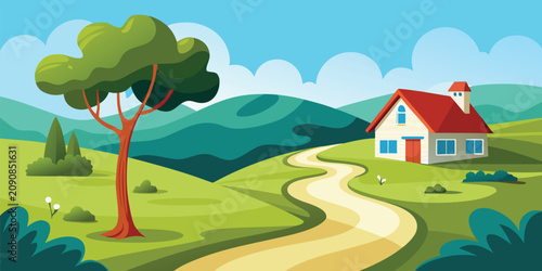 Peaceful rural landscape with a winding dirt path leading to a house near a large green tree